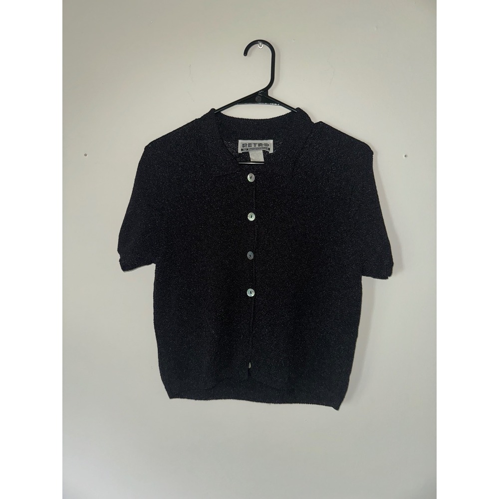 Retro‎ by Renaissance Vintage 90s Shimmer Knit Button Front Cardigan Top Navy M